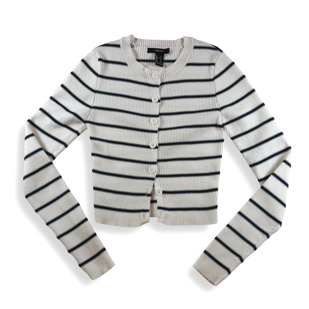 Womens Small Striped Ribbed Knit Button Front Cropped Cardigan White